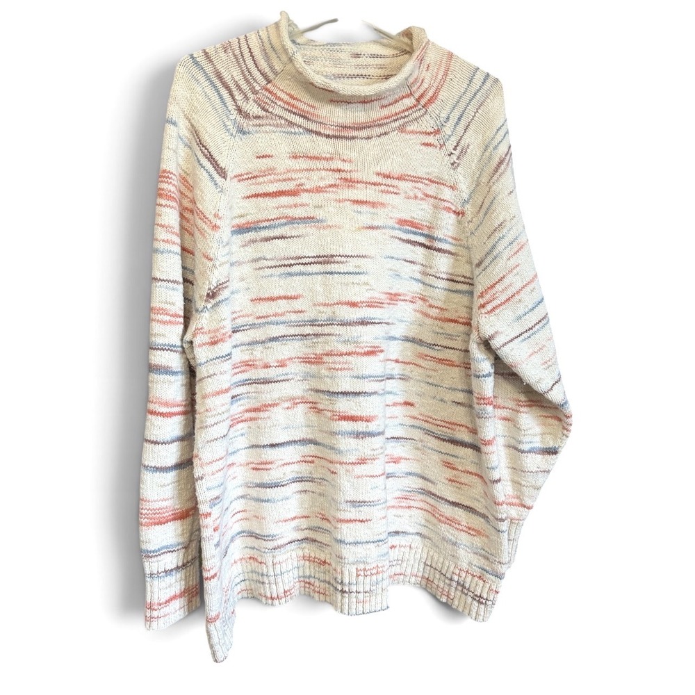 L.L.Bean Sweater Women 3X White Multi Slub Knit Roll Neck Pullover Space Dye